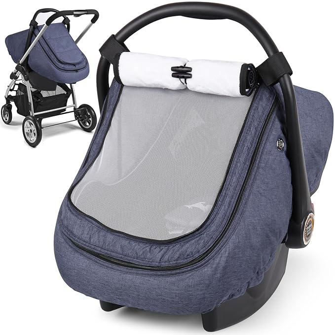 Rquite Car Seat Cover Baby, Carseat Covers Boy Girl, 2 Layers Window -Breathable Mesh & Wind/Sun Shade, Infant Car Seat Canopy Baby Carrier/Stroller Cover, Fit Spring, Fall, Winter, Cold Weather