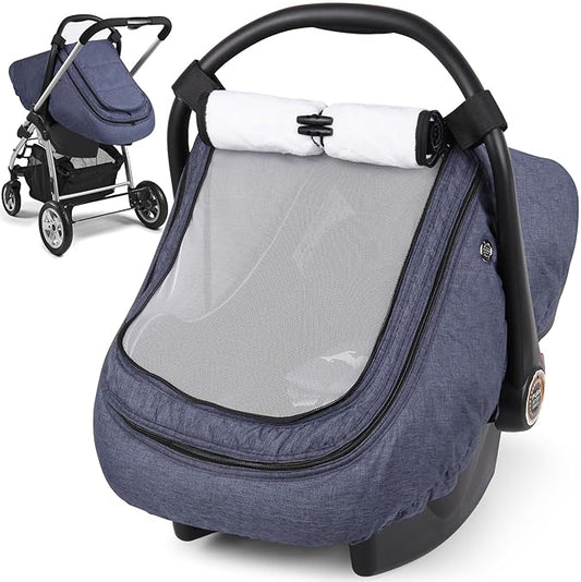 Rquite Car Seat Cover Baby, Carseat Covers Boy Girl, 2 Layers Window -Breathable Mesh & Wind/Sun Shade, Infant Car Seat Canopy Baby Carrier/Stroller Cover, Fit Spring, Fall, Winter, Cold Weather
