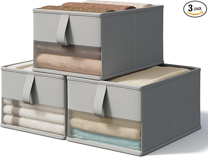 Foldable Storage Bins with Clear Window, Fabric Organizer for Closet, Shelves & Cubes - Breathable, Odor-Free Storage Boxes for Towels, Clothes, Toys, Books - 11.5 * 8.75 * 6.5in, Gray, 3-Pack