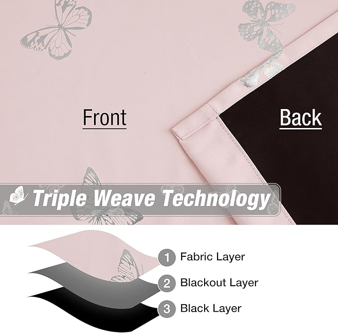 Jubilantex Butterfly Blackout Curtains Pink Silver 95" Long for Girls Bedroom Living Room Nursery Window Curtains with Black Layer,Grommet Top