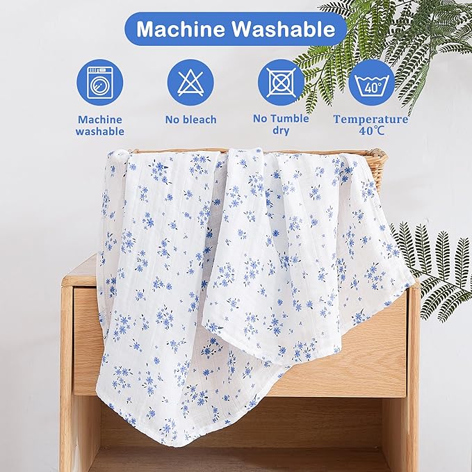 Viviland Muslin Swaddle Blanket, Baby Swaddle Blanket for Boys & Girls, Nursery Receiving Blanket for Newborn, Baby Swaddle Wrap Soft Silky & Breathable, 4 Packs, 47 X 47In, Blue Floral