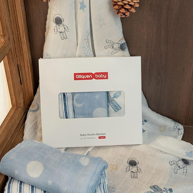 GLLQUEN BABY Receiving Blanket Boy Cotton Muslin Swaddle Blankets Girl Newborn Squares Breathable & Soft Thin Baby Blankets Cloths Double Absorbent Infant Swaddling Wrap - 3 Pack (Blue Astronaut)