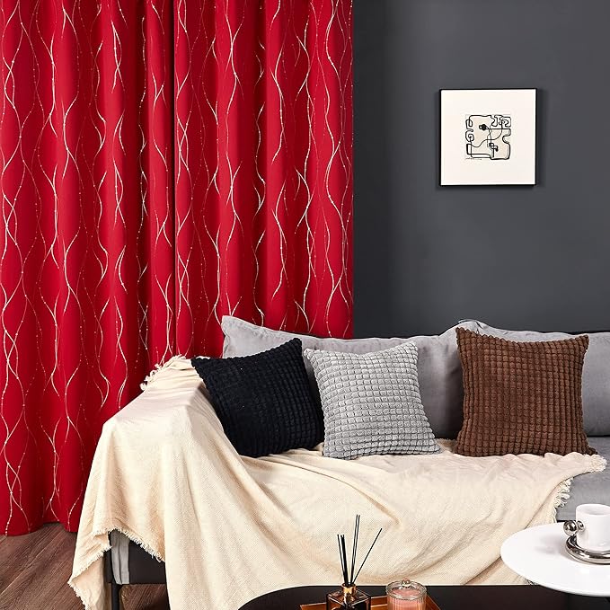 Deconovo Christmas Curtain, Red Curtains, Blackout Drapes, Thermal Insulated Soundproof Drape, Wave Line Dot Foil Print, 52 x 54 Inch, 2 Panels, Machine‑Washable Window Panel for Small Windows Kitchen