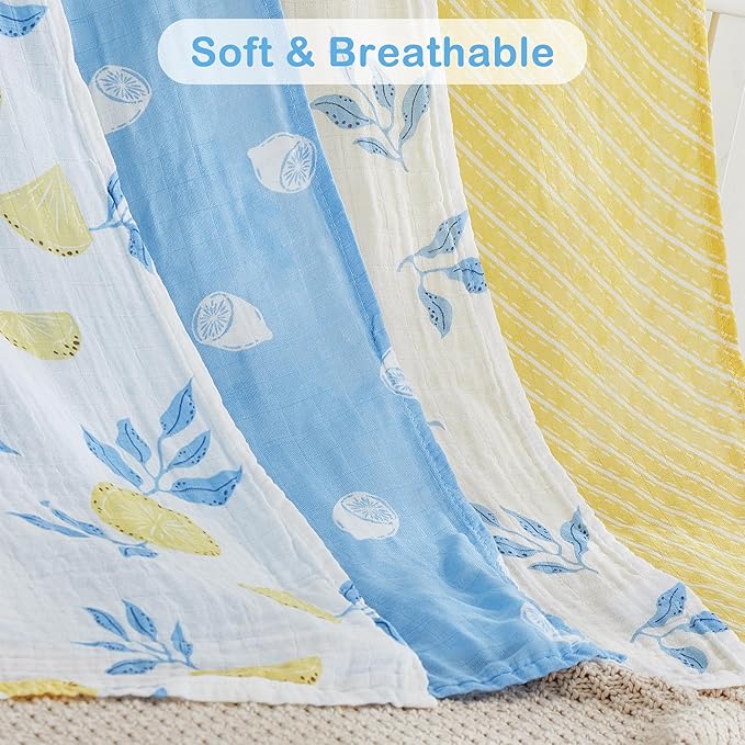 Viviland Muslin Swaddle Blankets, Swaddle Wrap for Boys and Girls, Breathable and Skin-Friendly Baby Receiving Blankets, Baby Essentials, 4-Pack Lemon & Leaves, 47 x 47 inches