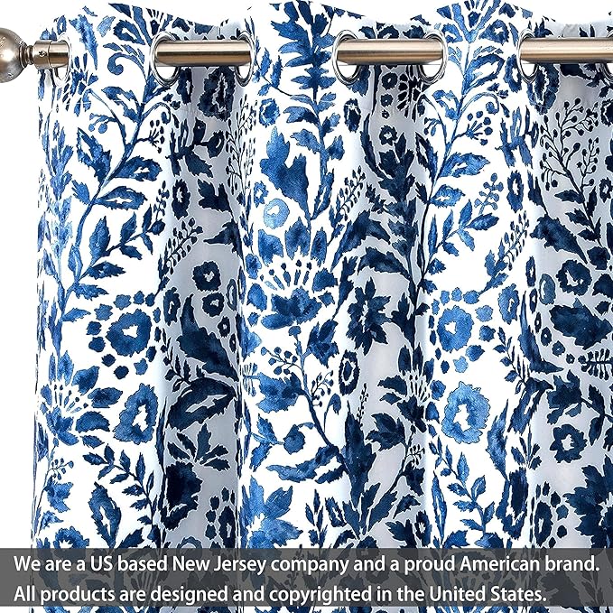 DriftAway Julia Watercolor Blackout Room Darkening Lined Thermal Insulated Energy Saving Window Curtains 2 Layers 2 Panels Each Size 52 Inch by 63 Inch Navy