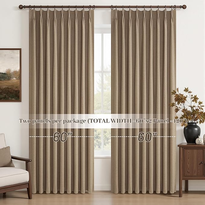 Curtains 60 Inch Length Wide Pinch Pleated Black Out Curtain 84 Inch Long for Living Room, Farmhouse Rust Brown Linen Thick Burlap Boho Bedroom Heavy Insulated Window Drapes (60"W x 84"L x 2Panels)