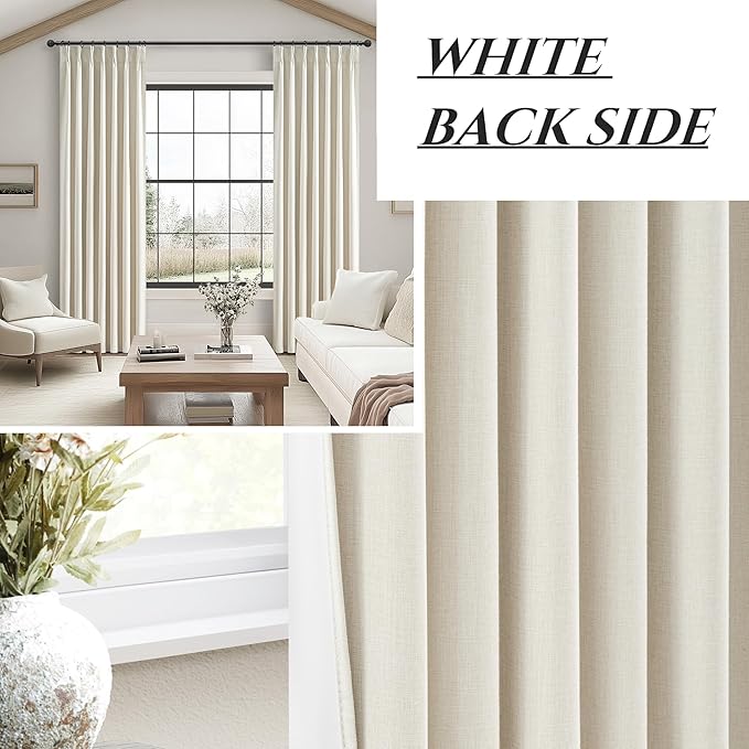 Cream Blackout Curtains & Drapes 96 Inches Long 2 Panels Set for Sliding Glass Doors, Pinch Pleated Thick Linen Blend Windows Curtain with Back Tab for Bedroom Cold Weather Thermal 40"W x 96"L