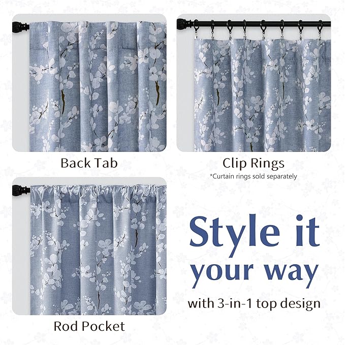 FMFUNCTEX 100% Blackout Floral Curtains for Bedroom, Blue Curtains 96 inch Length Blossom Flower Patterned for Living Room, Thermal Insulated Farmhouse Drapes, Rod Pocket 2 Panels (White on Blue)