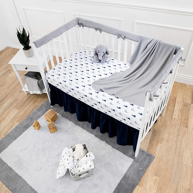 American Baby Company 2 Pack 100% Natural Cotton Fitted Crib Sheets 52" x 28" - Soft, Breathable, Hypoallergenic & Gentle Toddler Bed Sheets, Navy Whale/Grey Zigzag, Neutral for Boys & Girls