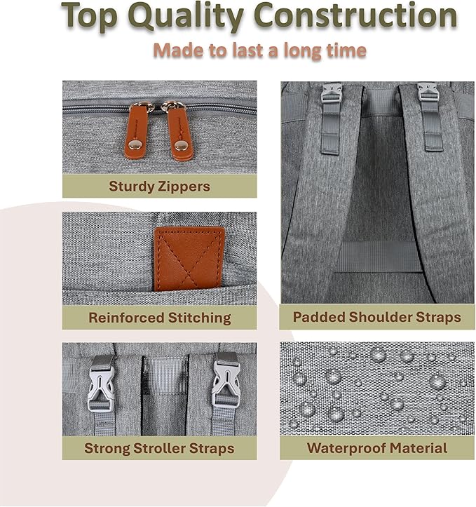 Baby Diaper Bag Backpack - Large Sturdy Bag for Boys & Girls, Changing Pad & Pacifier Case, Large Capacity, Insulated Pockets, Waterproof, Stroller Straps & Carry-on Straps, Unisex - Grey