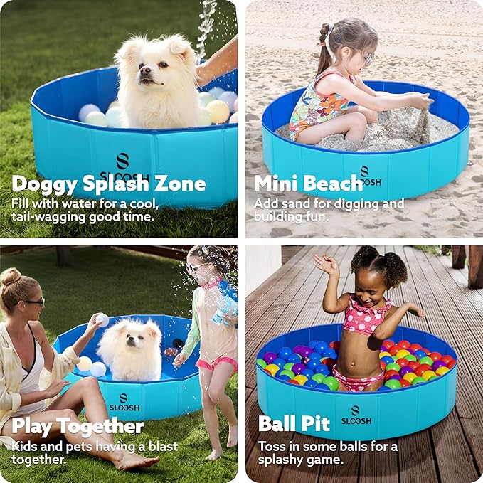 Sloosh Foldable Dog Kiddie Pool - Portable Hard Plastic Doggie Swimming Pool, Anti-Slip Collapsible Pets Bath Tub Suitable for Kids Toddler Indoor Outdoor Backyard Use (Blue, 32" x 8")