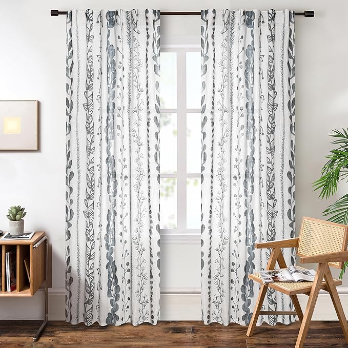 MEETSKY Living Room Curtains 90 Inches Long Boho Linen Style Back Tab Curtains for Bedroom Light Filtering Bohemian Rod Pocket Leaf Print Classical Door Drapes 2 Panels