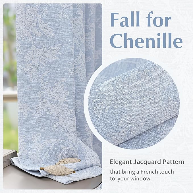 FMFUNCTEX Blue Floral Jacquard Blackout Curtains 90 Inches Long for Bedroom, Scroll Flower Chenille Farmhouse Curtains for Living Room Darkening Thermal Insulated Grommet Window Drapes 2 Panels