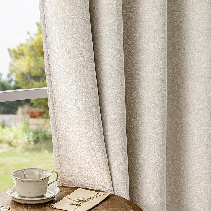 Metro Parlor Beige Floral Blackout Curtains 84 Inches Long for Bedroom, Jacquard Chenille Patterned Vintage Flower Curtains for Living Room Darkening Thermal Insulated Grommet Window Drapes, 2 Panels