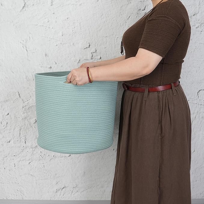 Cotton Rope Basket For Girls Boys Kids 16”X14” Baby Laundry Baskets Nursery Bin Round Woven Basket Organizer For Storage Toys Blankets Shoes Clothes green