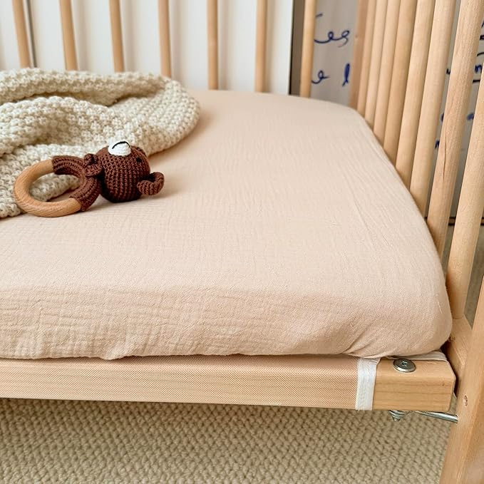 BuLuTu 100% Cotton Muslin Fitted Mini Crib Sheets 38"x26", 2 Pack, Mini Portable Fitted Crib Sheets for Boys Girls Mattress Sheet for Pack N Play, Beige & Green