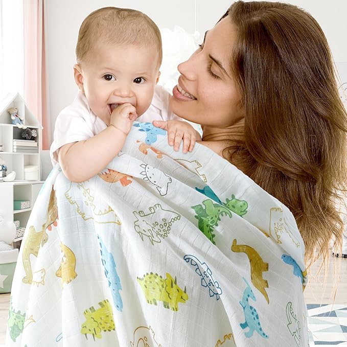 4-Pack 100% Cotton Muslin Swaddle Blankets, Large 47 x 47 Inches — Breathable Soft Receiving Blankets for Newborns, Swaddling Wraps, Baby Essentials, Registry Gift (Wild Jungle Friends)