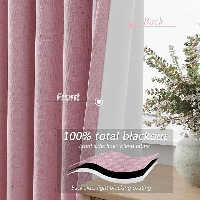 Guken 100% Blackout Curtains 96 Inch Length 2 Panels Set for Living Room Bedroom Back Tab Thermal Insulated Black Out Linen Drapes Room Darkening Rose,52x96