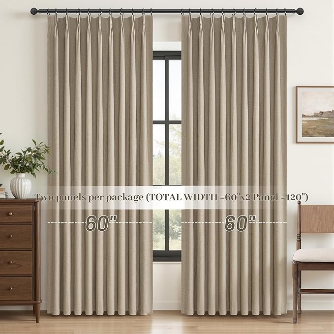 Curtains 60 Inch Length Wide Pinch Pleated Black Out Curtain 84 Inch Long for Living Room, Farmhouse GreyBeige Linen Thick Burlap Boho Bedroom Heavy Insulated Window Drapes (60"W x 84"L x 2Panels)