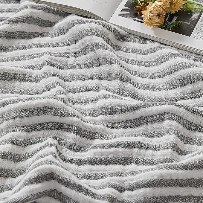 EMME Cotton Muslin Queen Blanket Bed Layering Bedspread Coverlet Breathable Gauze Soft Lightweight Adults (Striped Grey, 90"x90")