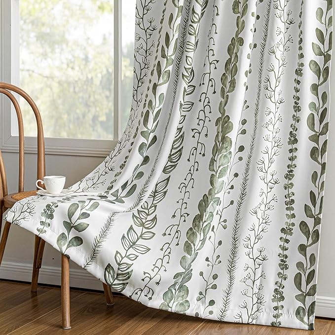 MEETSKY Sage Green Blackout Curtains 95 Inches Long 2 Panels Boho Curtains for Living Room Thermal Insulated Privacy Protection Rod Pocket Drapes for Bedroom, Leaf Print Window Treatment, 50" Wide