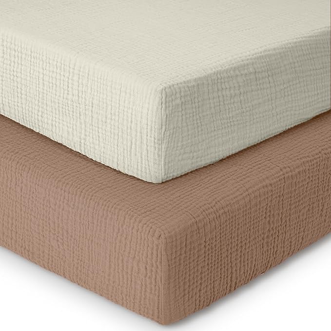 Dreamology Muslin Crib Sheets,Standard Crib Sheets For Boys,Girls,2 Pack,Super Soft,100% Cotton Crib Sheet Neutral for Standard Crib and Toddler Mattress Fitted Sheet,52x28 Crib Sheet | Brown and Ecru
