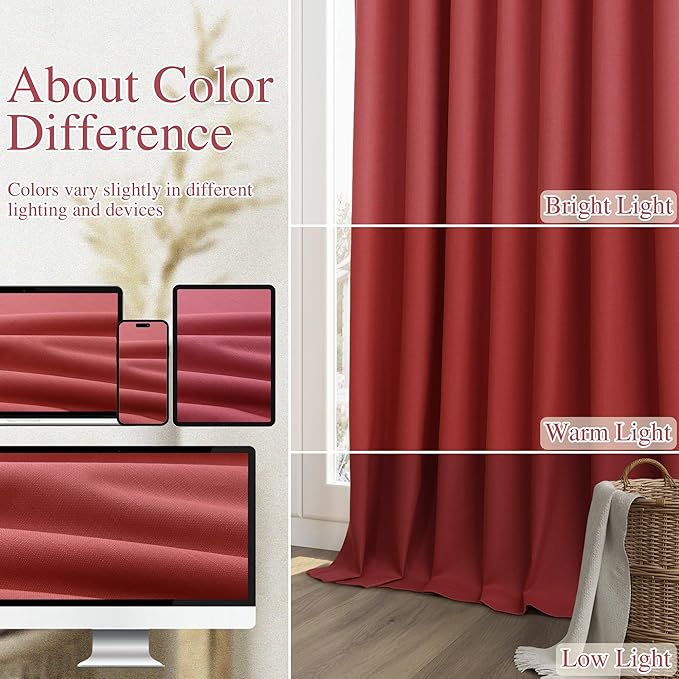 Guken Red 100% Blackout Curtains 108 Inch Length 2 Panels Set for Living Room Bedroom Back Tab Thermal Insulated Black Out Linen Drapes Room Darkening Window Curtains,52x108