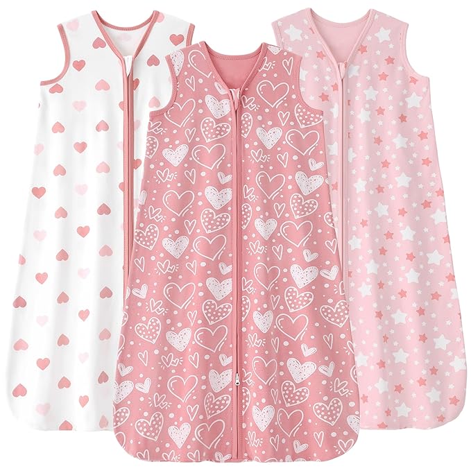 FIEMOL Baby Sleep Sack 6-12 months, 100% Cotton Sleeping Sack for Newborn and Infant, 3 Pack Baby Wearable Blanket for Boy and Girl, 0.5 Tog Lightweight Double Zipper Sleep Bag Pink Heart