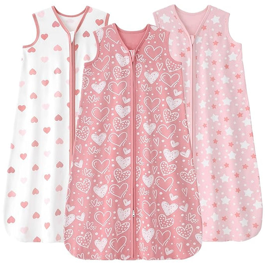 FIEMOL Baby Sleep Sack 6-12 months, 100% Cotton Sleeping Sack for Newborn and Infant, 3 Pack Baby Wearable Blanket for Boy and Girl, 0.5 Tog Lightweight Double Zipper Sleep Bag Pink Heart