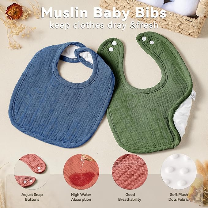 Wrrernsin Muslin Baby Bibs for Unisex Boys Girls, Cotton Drool Bibs, Adjustable Newborn Bibs for Drooling and Teething