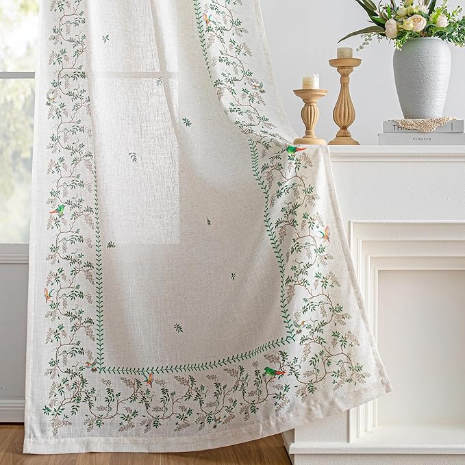 MYSKY HOME Boho Linen Blend Curtains 84 inches Long for Living Room Leaf Bird Patterned Farmhouse Drapes Light Filtering Privacy Protect Soft Touch Treatment Back Tab for Home, 50" Wide, Green, 2 Pcs