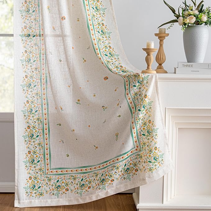 MYSKY HOME Boho Floral Linen Blend Curtains 84 inches Long for Living Room Bohemian Style Farmhouse Flower Patterned Light Filtering Privacy Protect Back Tab Drapes, 50'' Wide, Yellow and Blue, 2 Pcs