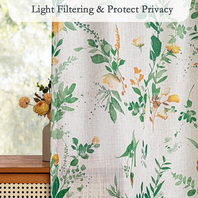 MYSKY HOME Floral Linen Curtains 84 Inch Long Set of 2 for Living/Dining Room, Sage Green Curtains Semi Sheer Light Filtering Farmhouse Flower Patterned Back Tab Drapes, 50" Wide Each Panel