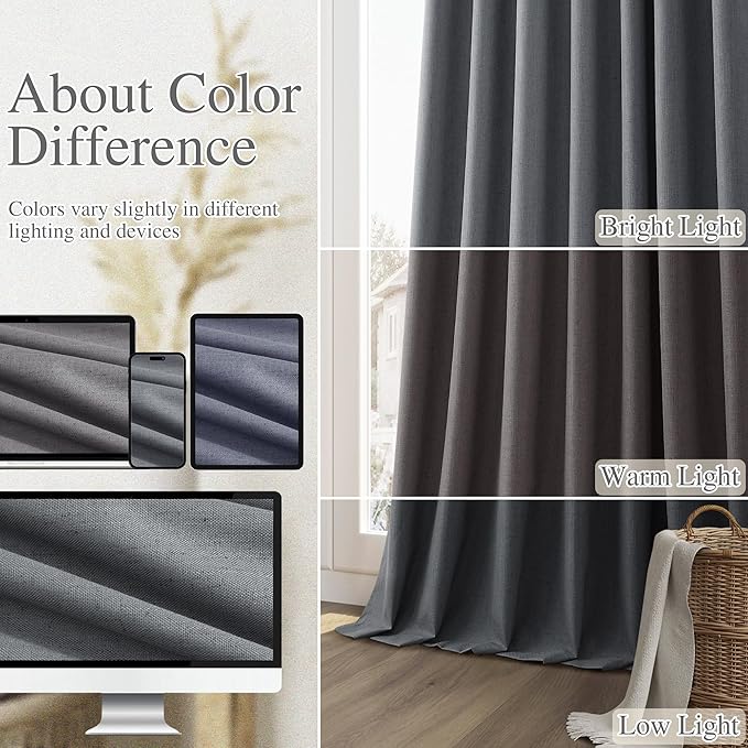 Guken 100% Blackout Curtains 108 Inch Length 2 Panels Set for Living Room Bedroom Back Tab Thermal Insulated Black Out Linen Drapes Room Darkening Blazer Grey,52x108
