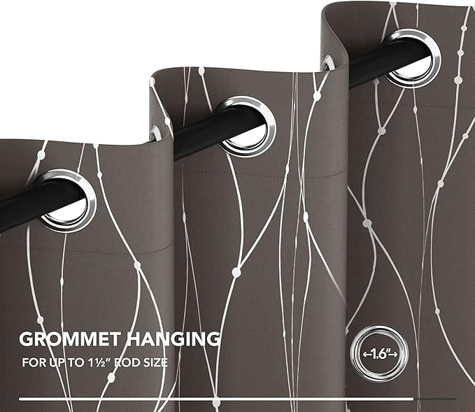 Deconovo Blackout Curtains, Thermal Insulated Soundproof Grommet Drapes, Wave Dots Silver Print, 42 x 45 Inch, Set of 2, Machine Washable Window Panel for Kitchen Bedroom Living Room Nursery, Taupe