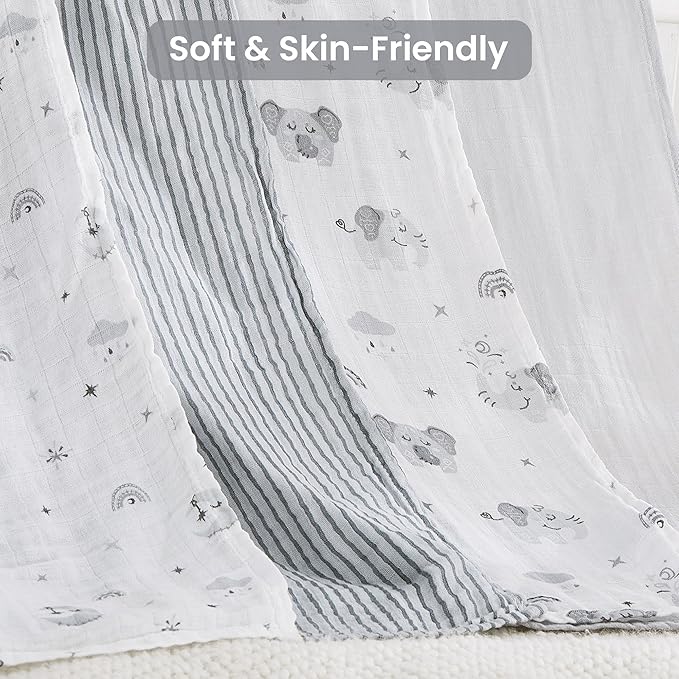 Softan Swaddle Blankets for Baby Girls & Boys Gift, Large 47X47 inches Receiving Blankets for Newborn,4 Pack Gray Elephant