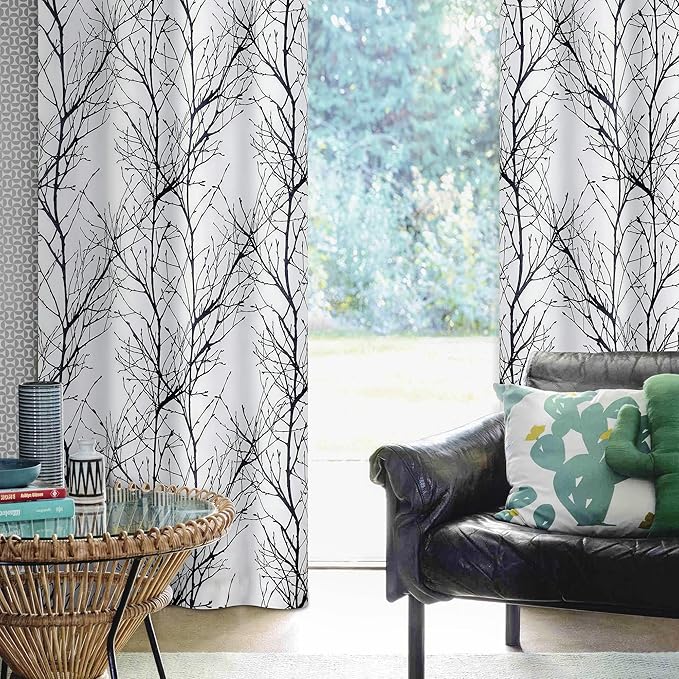 FMFUNCTEX 100% Blackout Branch Curtains for Bedroom, Curtains 96 Inches Long Black Tree Window Curtains for Living Room, Thermal Insulated Patterned Farmhouse Drapes, Room Darkening Grommet 2 Panels