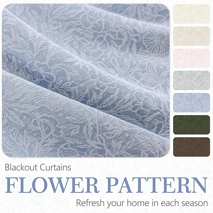 Metro Parlor Light Blue Floral Jacquard Blackout Curtains 63 Inch Length for Bedroom,Chenille Pattern Vintage Flower Curtains for Living Room Darkening Thermal Insulated Grommet Window Drapes,2 Panels