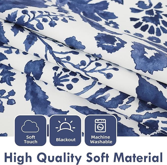 DriftAway Julia Watercolor Blackout Room Darkening Lined Thermal Insulated Energy Saving Window Curtains 2 Layers 2 Panels Each Size 52 Inch by 96 Inch Navy