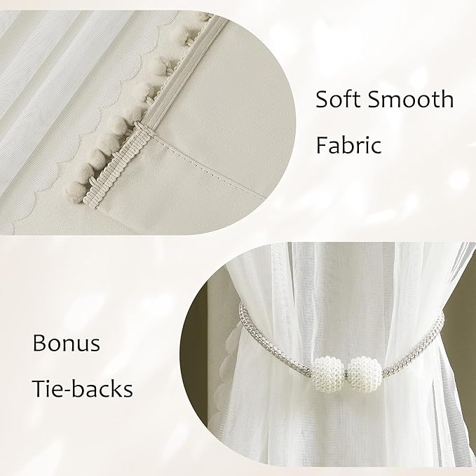 Pom-Pom Blackout Curtains with Sheer Overlay for Bedroom 84"L Ivory Mix and Match Double Layer Blackout Curtains for Living Room Nursery Kid's Room Drapes with Tiebacks Rod Pocket 52" W x2 Natural
