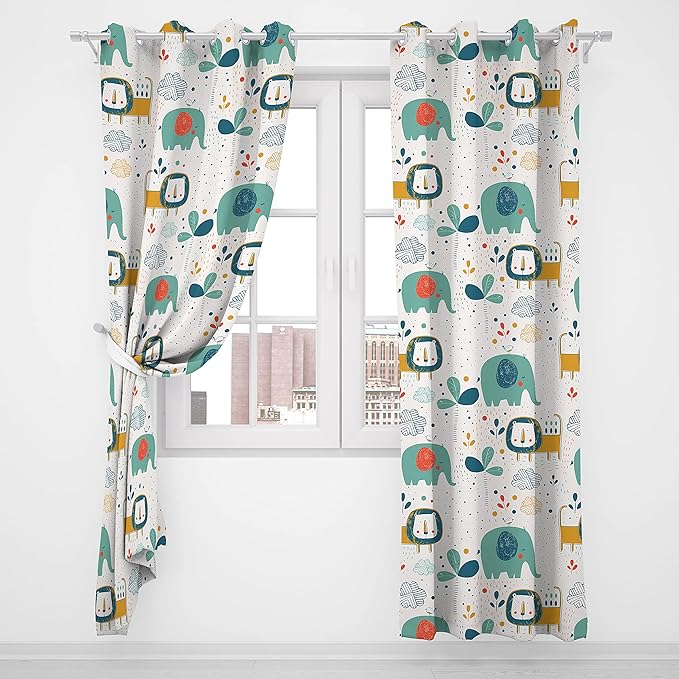 Kids Blackout Curtains,Window Curtains Cartoon Cute Elephants Lions Birds and Tropical Plants Blackout Draperies for Bedroom Window 85x85inch(214x214cm)