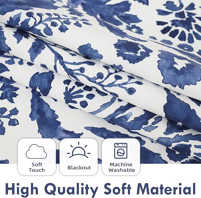 DriftAway Julia Watercolor Blackout Room Darkening Lined Thermal Insulated Energy Saving Window Curtains 2 Layers 2 Panels Each Size 52 Inch by 84 Inch Navy