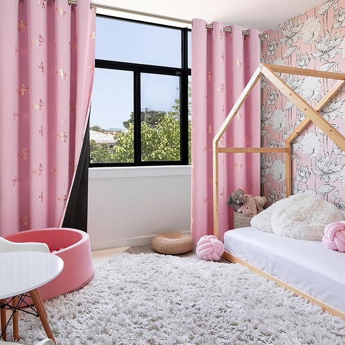 Jubilantex Butterfly Print Blackout Curtains Thermal Insulated Window Treatments for Bedroom Kids Bedroom Nursery Elegant Luxurious Room Darkening Draps Grommet Top，Pink 52" Wx63 Lx2