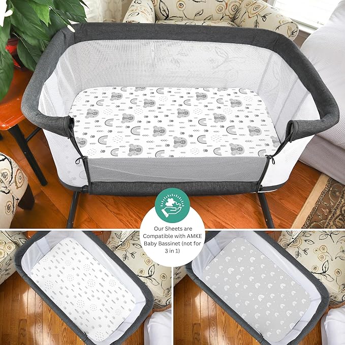 TansyPanda Bassinet Sheets for Bellababy, Besrey, AMKE, and Airclub Bedside Bassinet Sleeper, 3PC, 20 x 33 Inch, Ultra Soft, Breathable, Snug Fit, Unisex Boys, Girls, Gray White (Woodland Rainbow)