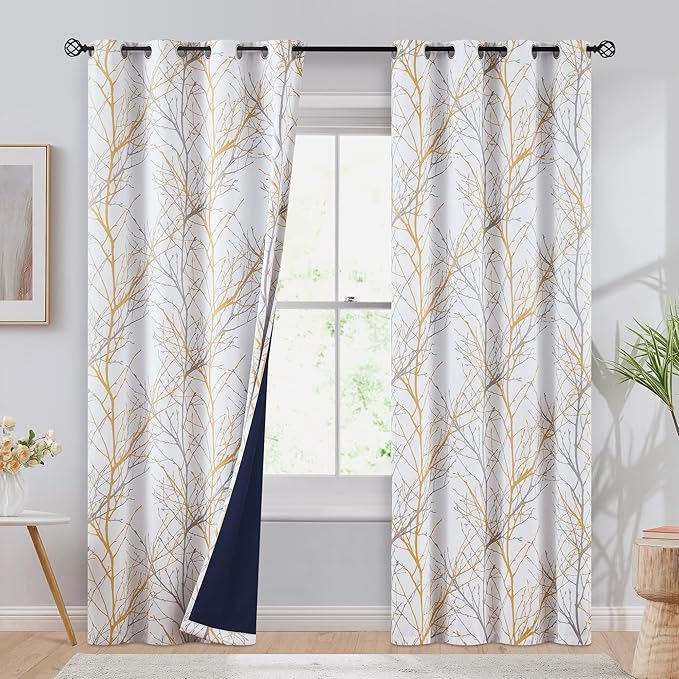 FMFUNCTEX 100% Blackout Curtains for Living Room, Yellow White Tree Curtains 108 Inches Long for Bedroom, Extra Long Farmhouse Window Curtain Panels, Room Darkening Drapes Grommet Top 2 Panels