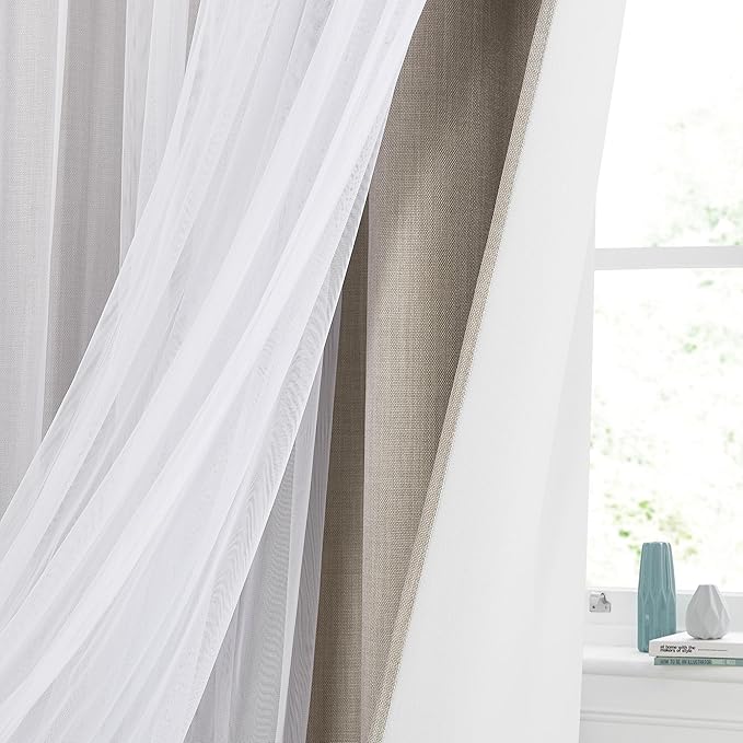 NICETOWN Faux Linen Blackout Curtains with Sheer Overly 84 inch Long for Living Room Bedroom, Grommet Thermal Insulated Curtain Panels for Kids Baby Room, 52" Wide per Panel, 2 Panels, Anogra