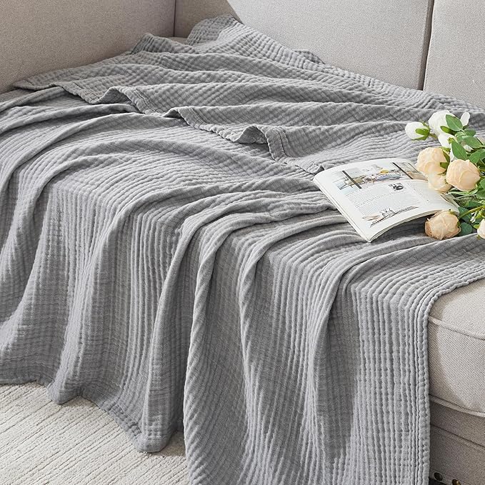 EMME Cotton Muslin Large Throw Blanket Couch Breathable Gauze Soft Lightweight Bed Blankets Adults (Heather Grey, 50"x70")