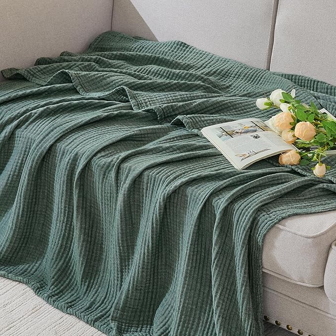 EMME Cotton Muslin Large Throw Blanket Couch Breathable Gauze Soft Lightweight Bed Blankets Adults (Heather Forest Green, 50"x70")