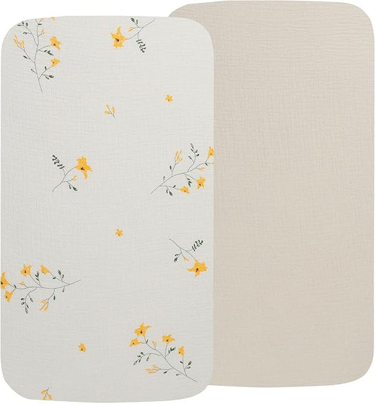 Onacosht Muslin Crib Sheets for Boys Girls, Soft Breathable 100% Cotton Baby Fitted Sheet 52" x 28" for Standard Toddler Crib Mattress, 2 Pack, Beige and Yellow Blossom