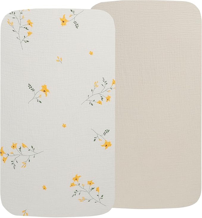 Onacosht Muslin Mini Crib Sheets, 39" x 27" Pack and Play Mattress Sheets Fitted for Pack N Play, Soft Cotton for Boys Girls, 2 Pack, Beige and Yellow Blossom